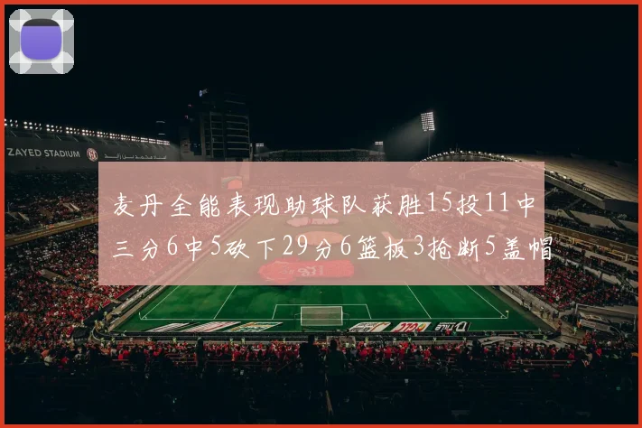 麦丹全能表现助球队获胜15投11中三分6中5砍下29分6篮板3抢断5盖帽